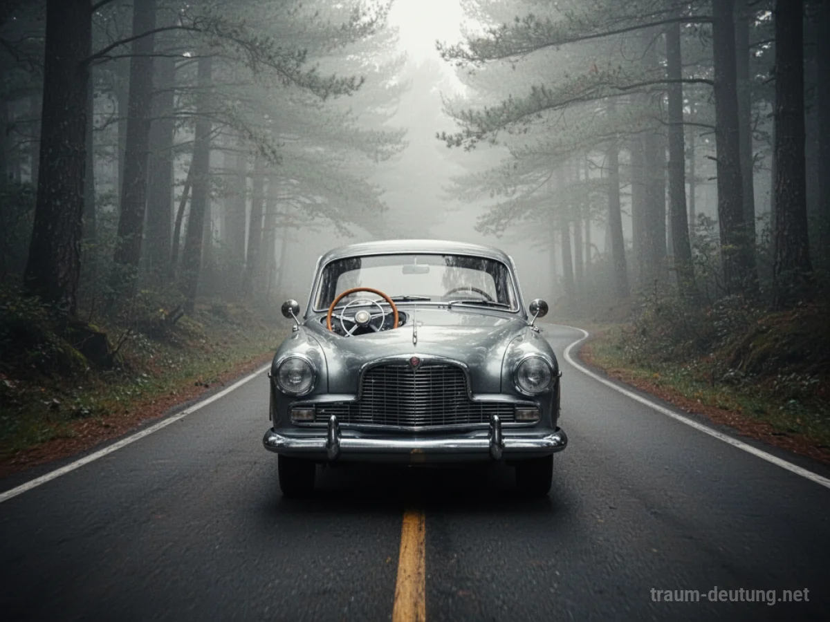 Ein Auto fährt im Traum ohne Fahrer auf einer einsamen Straße durch Nebel.
