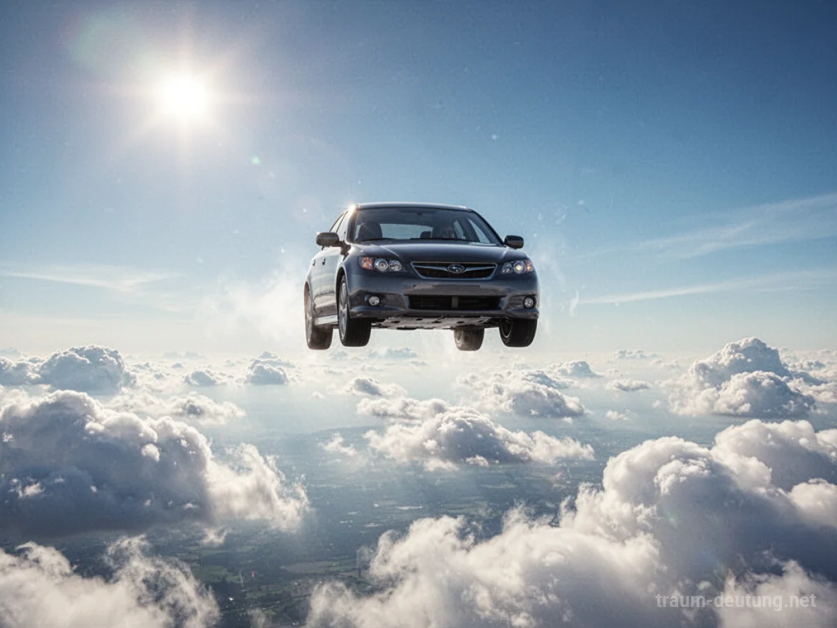 Ein Auto fliegt über den Wolken am blauen Himmel.