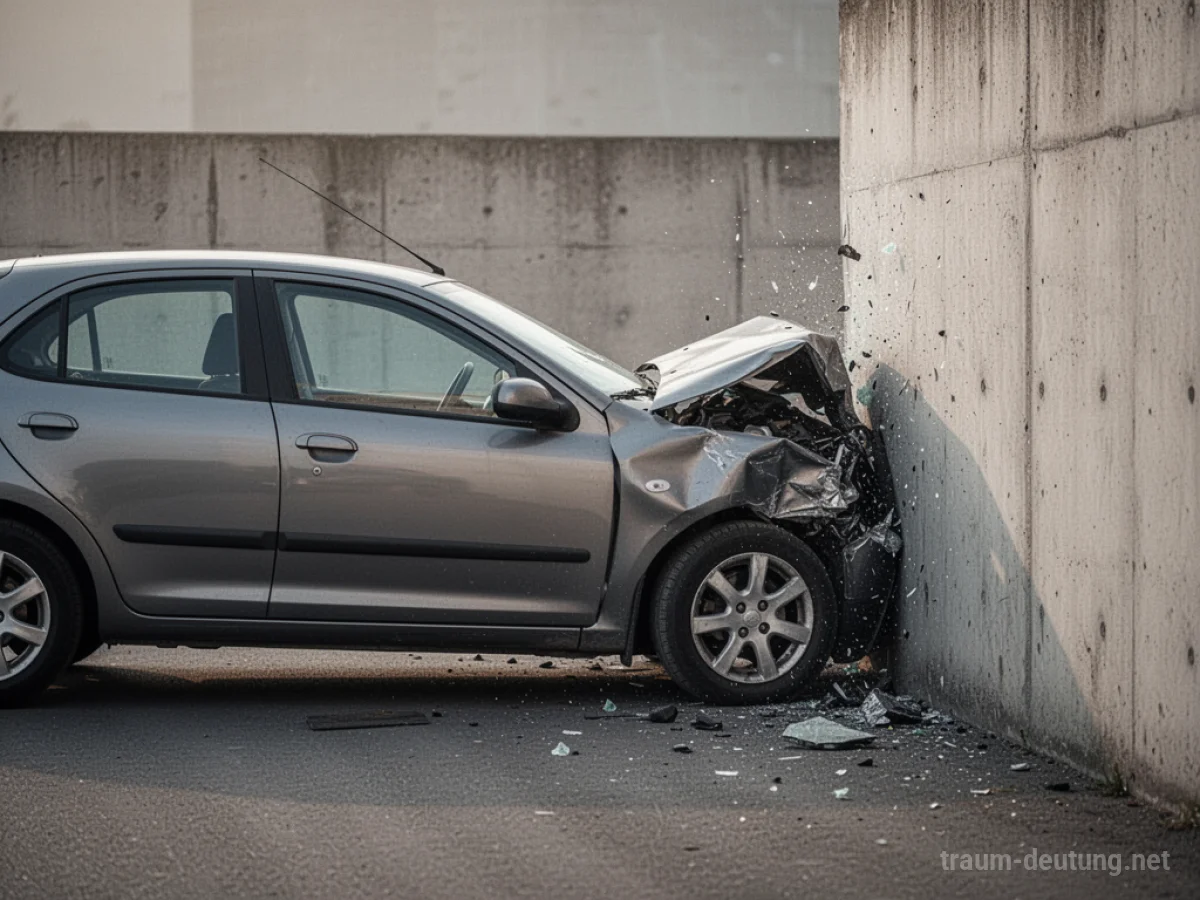 Ein Auto hat eine Betonwand gerammt, die Front ist zerknittert.