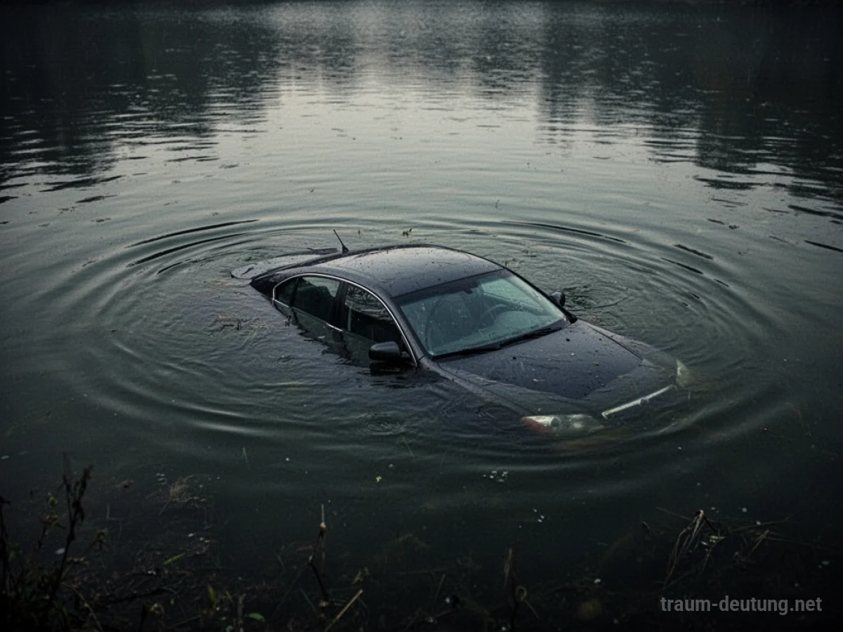 Ein Auto versinkt langsam in dunklem Wasser.