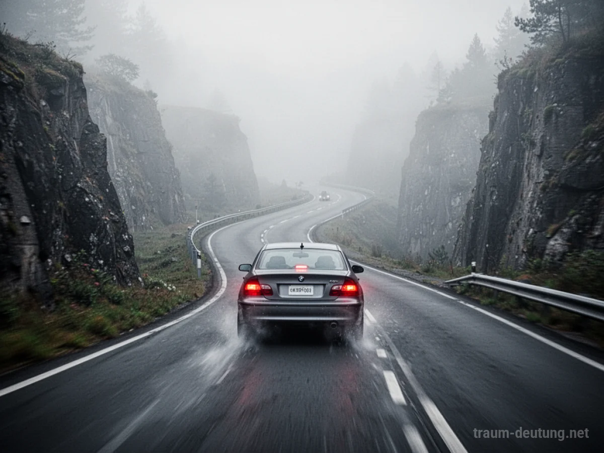 Auto ohne Bremsen rast eine steile Straße hinunter, Nebel verhüllt die Sicht.