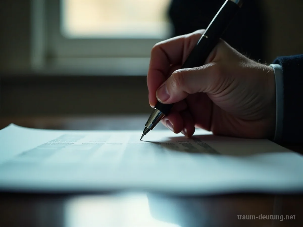Hand schreibt ein Autogramm auf Papier, im Hintergrund eine schemenhafte Gestalt eines Verstorbenen.