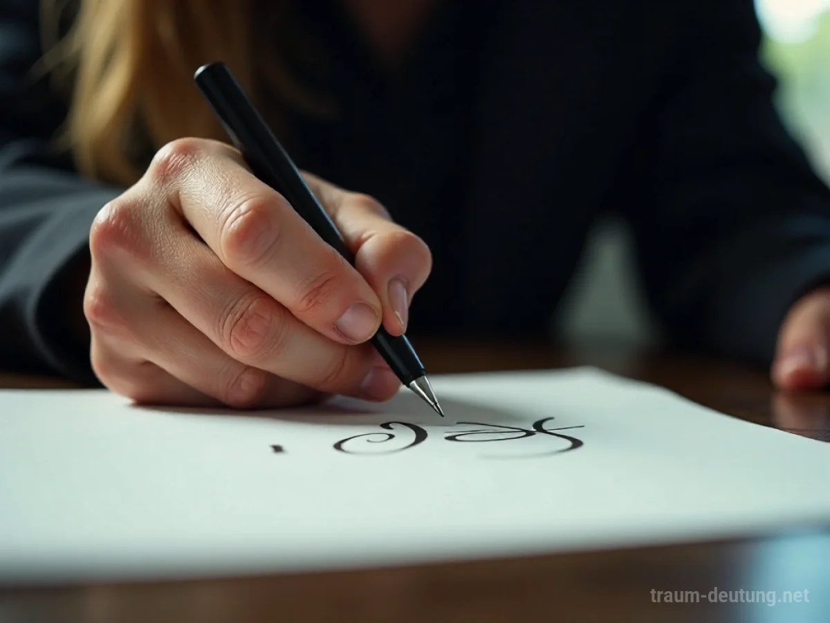 Hand signiert ein Autogramm auf Papier, im Hintergrund eine schemenhafte Prominentenfigur.