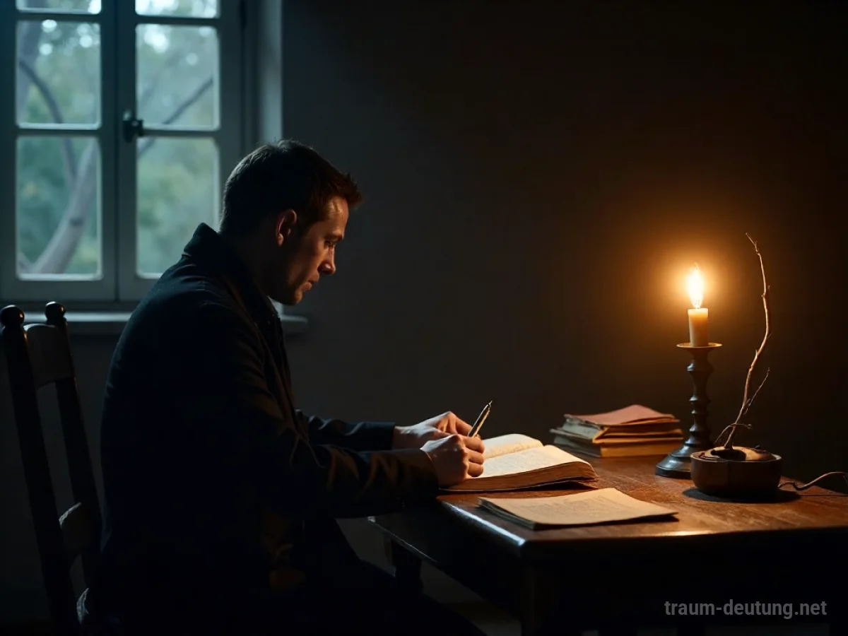 Eine Person sitzt an einem Schreibtisch und schreibt, beleuchtet von einer Schreibtischlampe.
