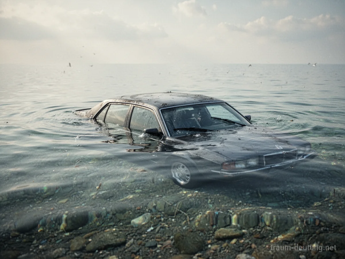 Auto ragt aus ruhigem Wasser heraus, die Oberseite ist sichtbar