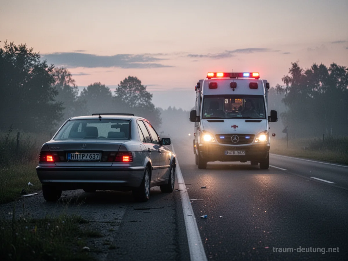 Ein verunfalltes Auto auf einer Straße, ein Krankenwagen mit Blaulicht nähert sich.