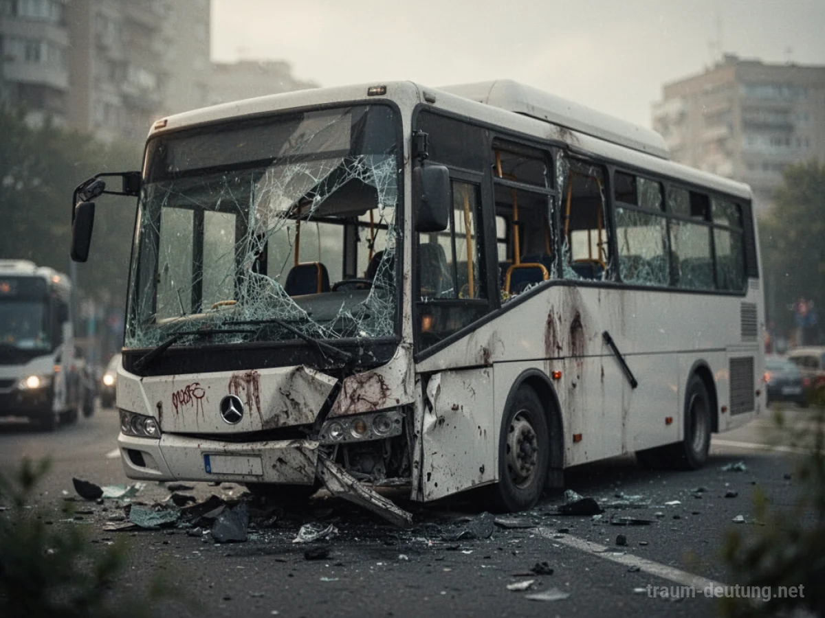 Beschädigter Bus nach einem Autounfall, unscharfe Umgebung
