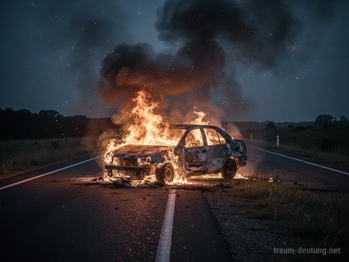 Ein brennendes Auto am Straßenrand in der Nacht