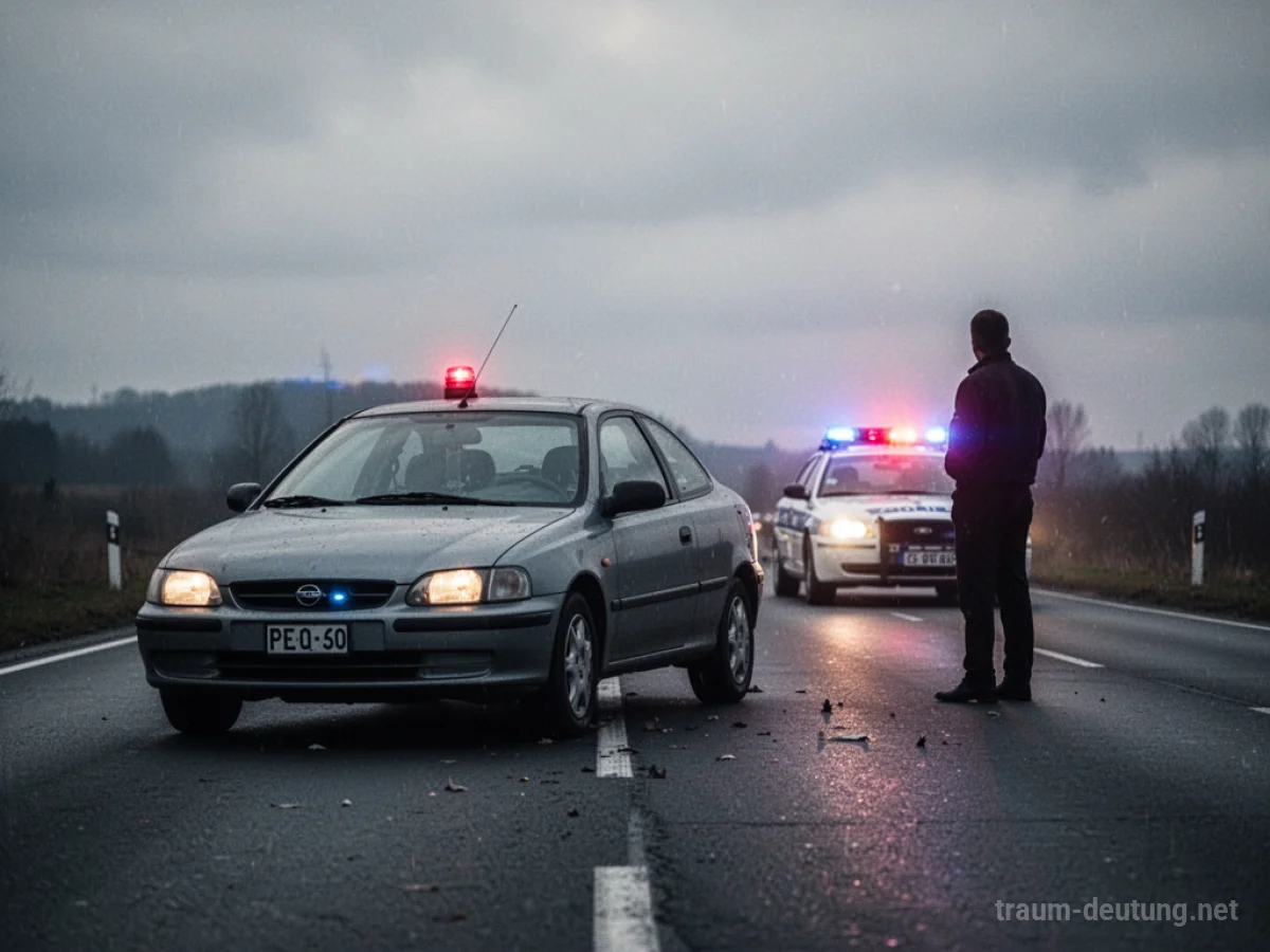 Ein Auto steht auf einer Straße, im Hintergrund blinken Blaulichter eines Polizeiautos.