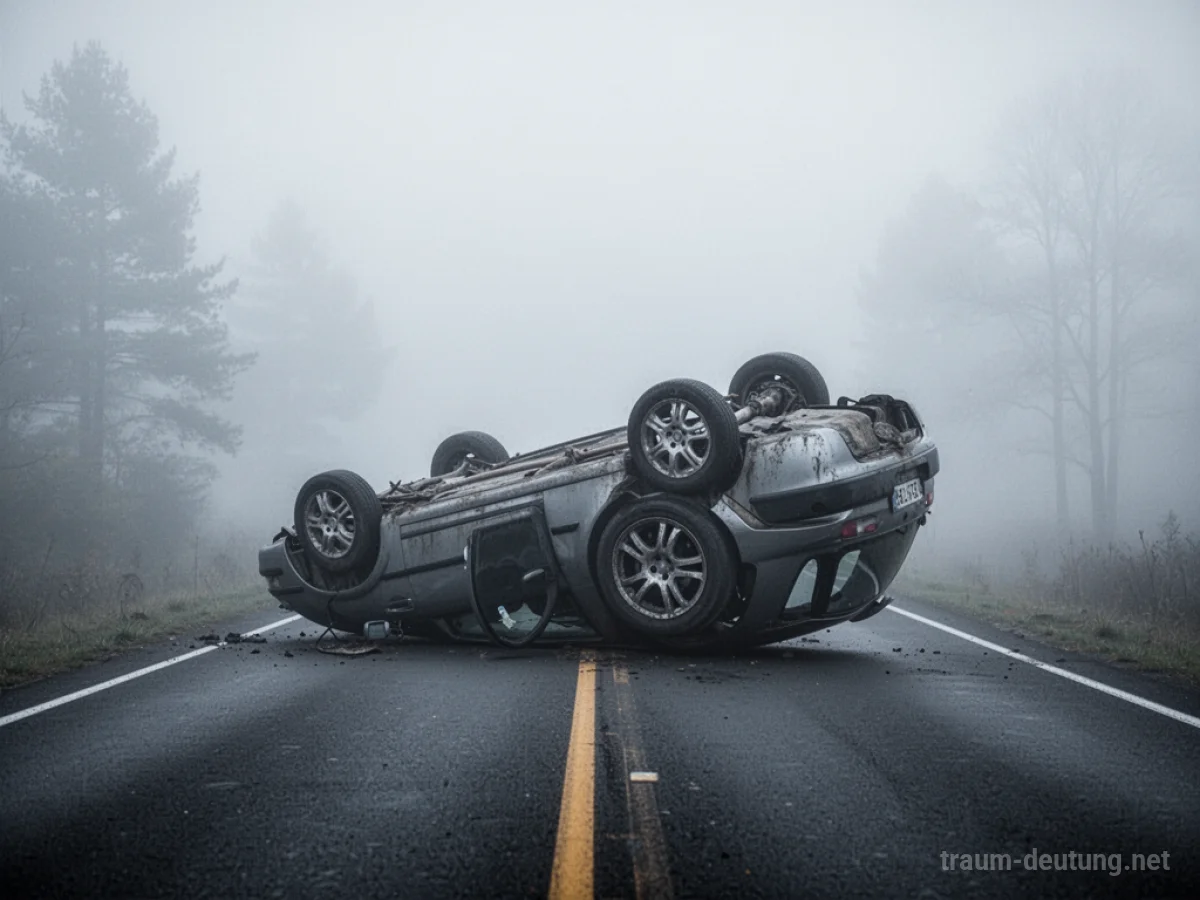 Ein Auto liegt auf der Seite auf einer verlassenen Straße, leicht im Nebel.