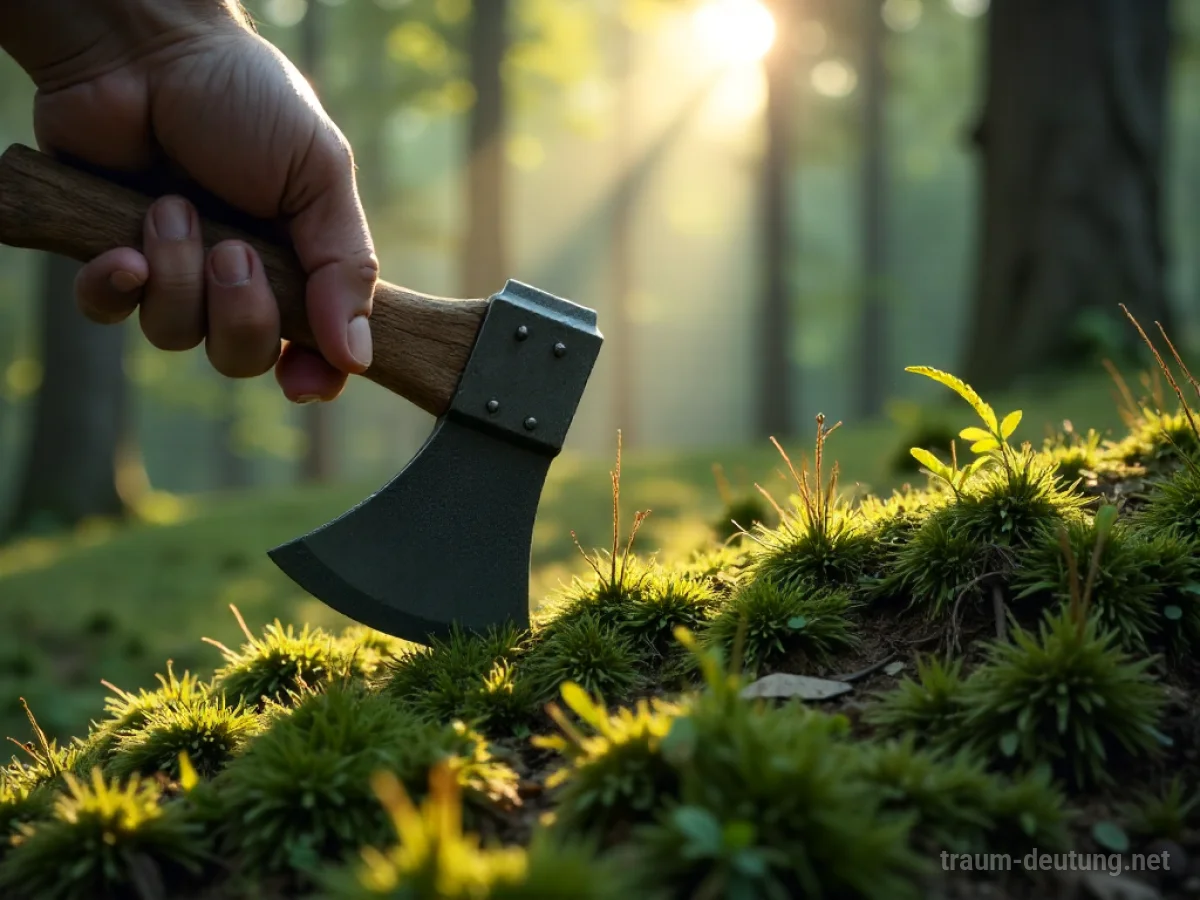 Eine Hand greift nach einer Axt, die auf moosigem Waldboden liegt.