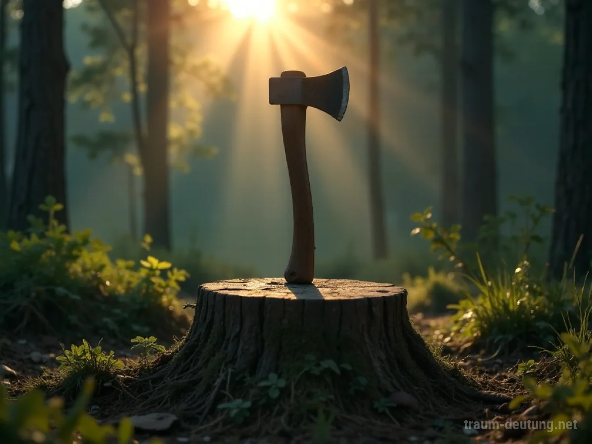 Eine scharfe Axt steckt in einem Baumstumpf im Wald