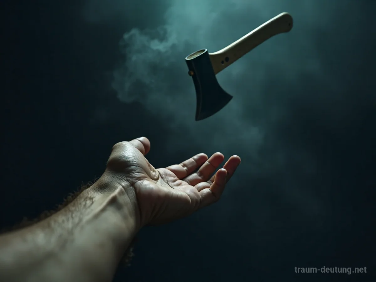 Eine Hand greift nach einer fallenden Axt, die im Nebel verschwindet.