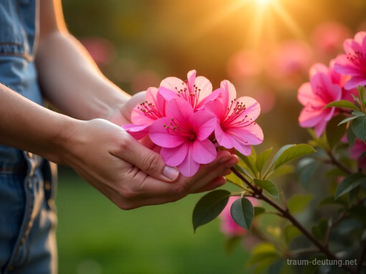 Hände pflücken leuchtend pinke Azaleenblüten im Sonnenschein