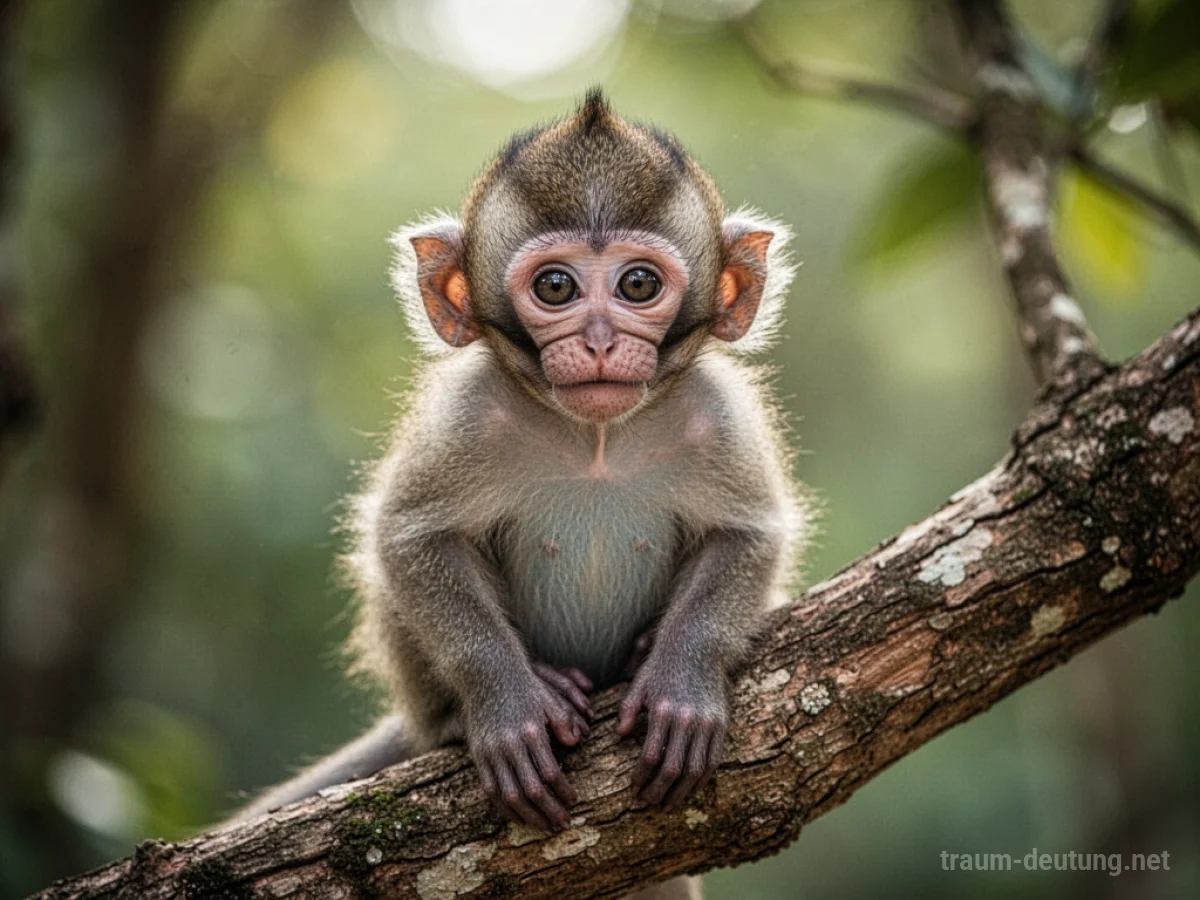 Ein niedlicher Baby Affe sitzt auf einem Ast und schaut neugierig.