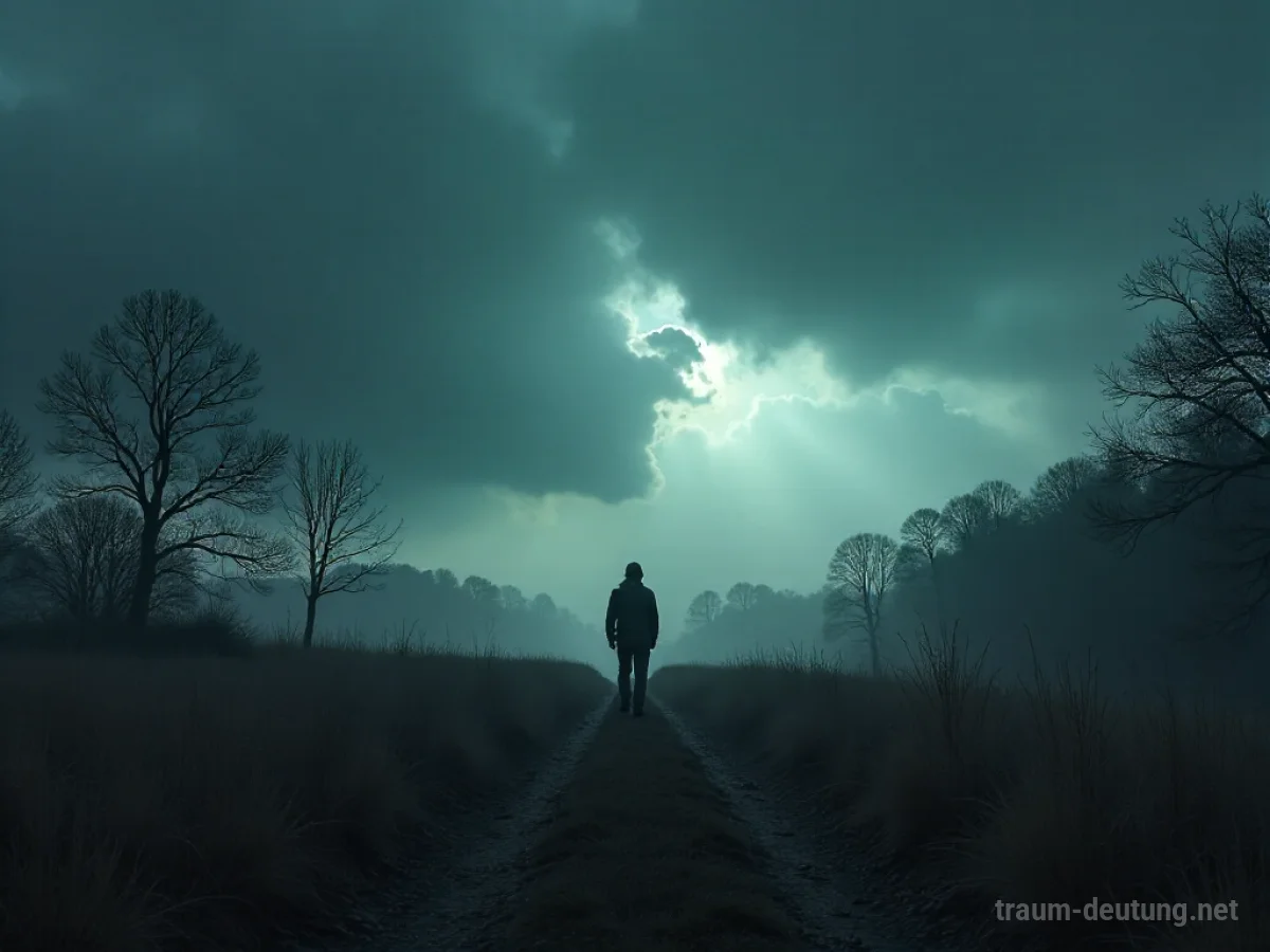 Eine einsame Figur geht durch eine sich verdunkelnde Landschaft unter bedrohlichen Wolken.