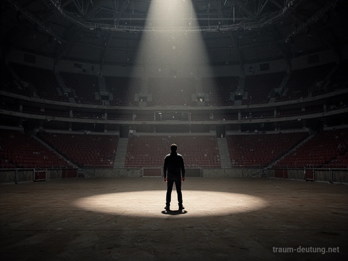 Eine einzelne Figur steht im Licht einer leeren Arena.