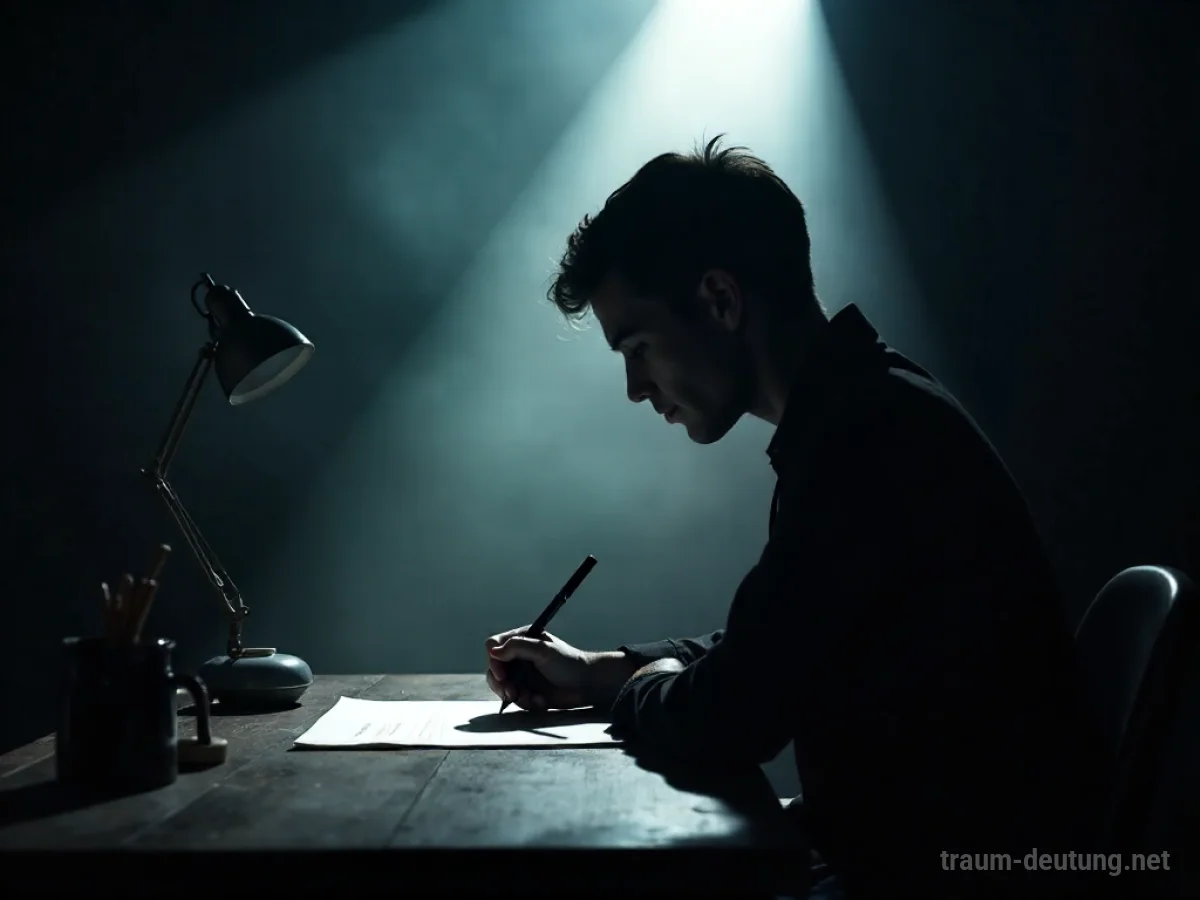 Silhouette eines Autors, der bei Kerzenlicht schreibt.