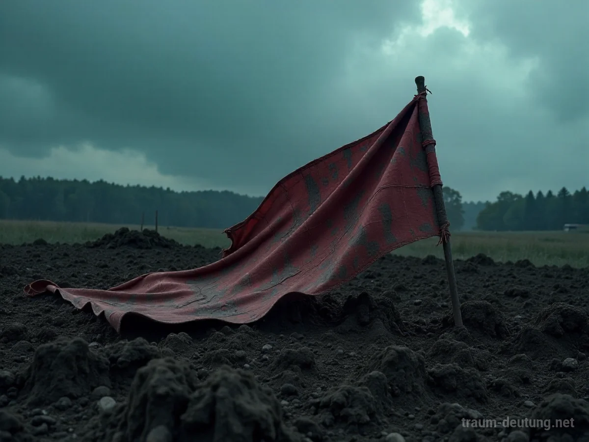 Zerfetztes Banner einer Armee auf einem Schlachtfeld im Regen