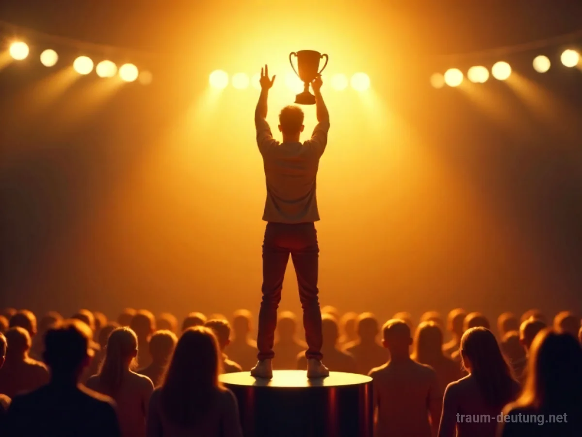 Person hält eine Trophäe in die Höhe auf einem Podium.