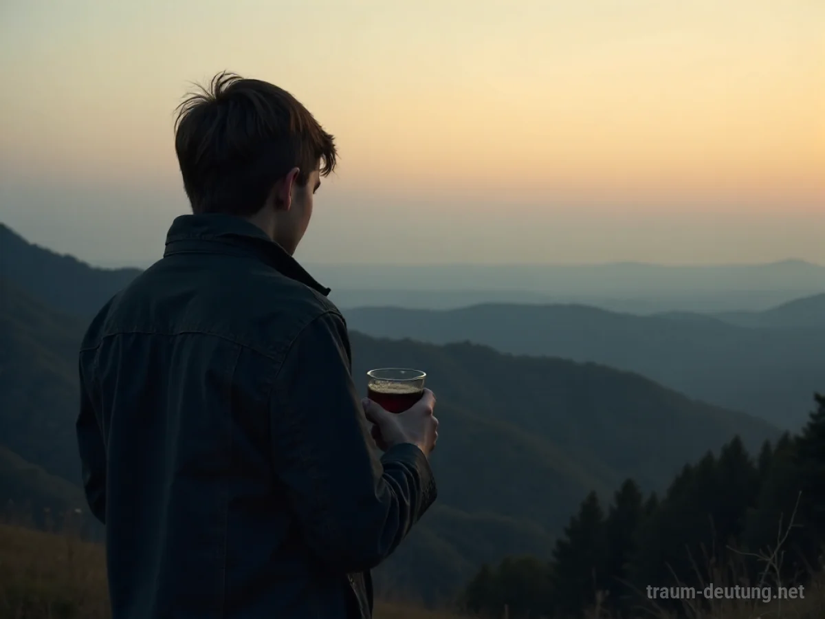 Person blickt nachdenklich in eine neblige Landschaft mit einem Glas Apfelwein.