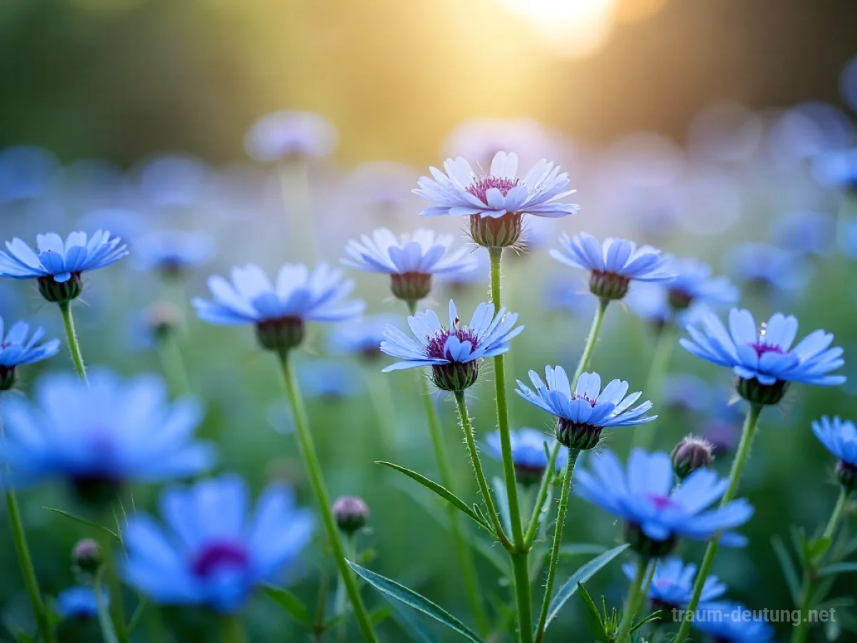 Ein Feld mit leuchtend blauen Astern im sanften Licht