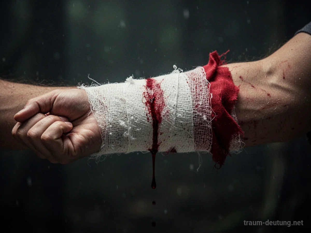 Ein mit Verband umwickelter Arm, aus dem ein roter Stoffstreifen herausschaut.