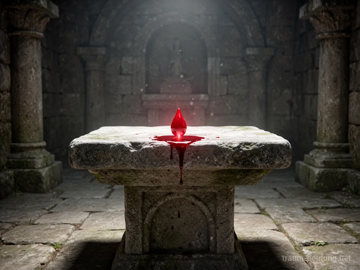 Ein steinerner Altar mit einem einzelnen roten Tropfen, in einer schwach beleuchteten Kammer