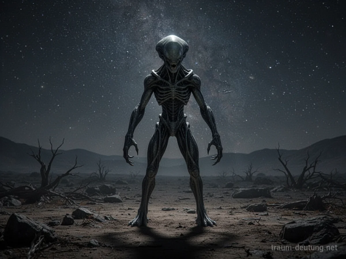 Böses Alien steht bedrohlich in dunkler Landschaft