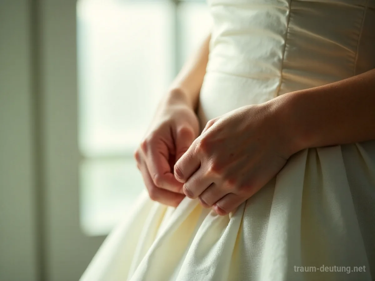 Hände einer Frau halten ein weißes Brautkleid