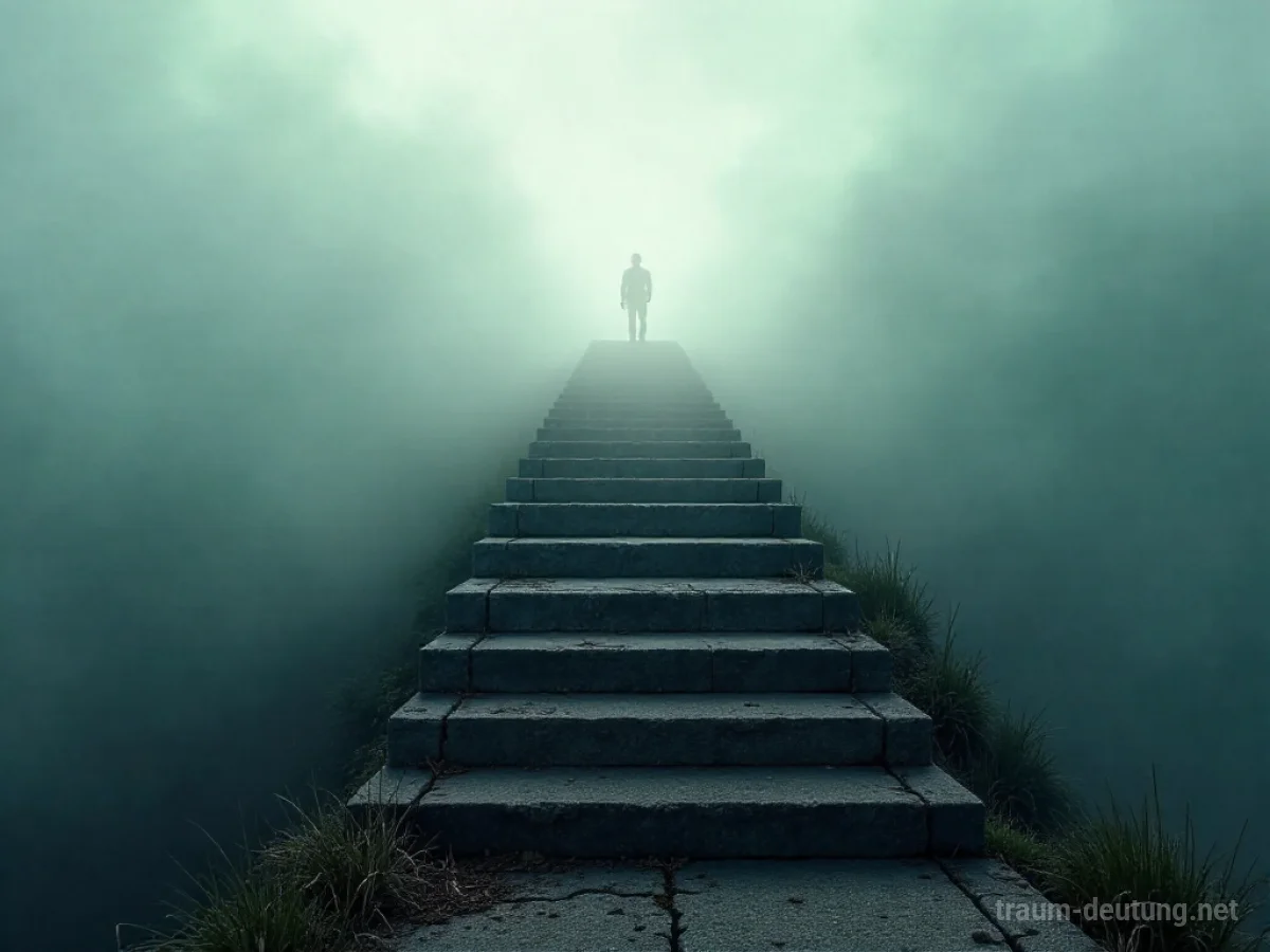 Bröckelnde Treppe führt nach oben in nebligen Himmel