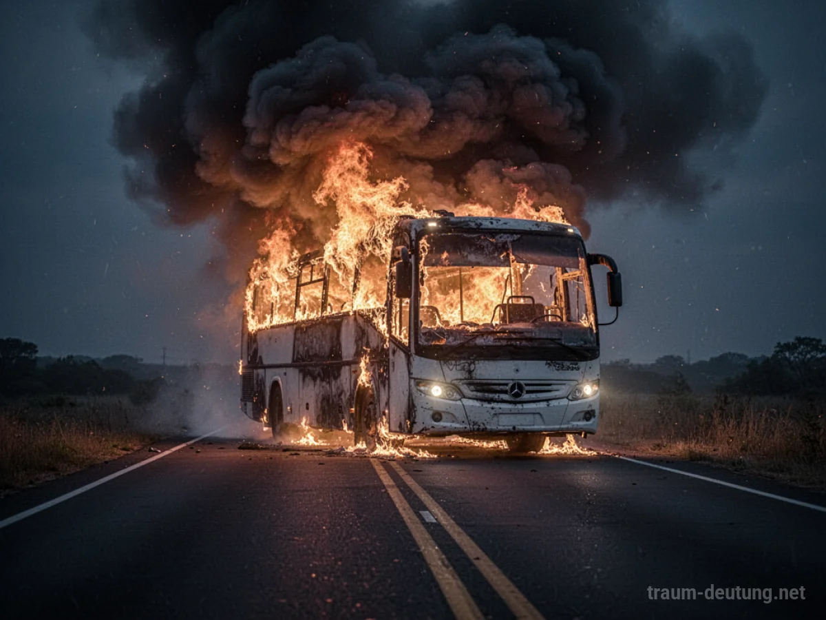 Brennender Autobus auf einer dunklen Straße bei Nacht