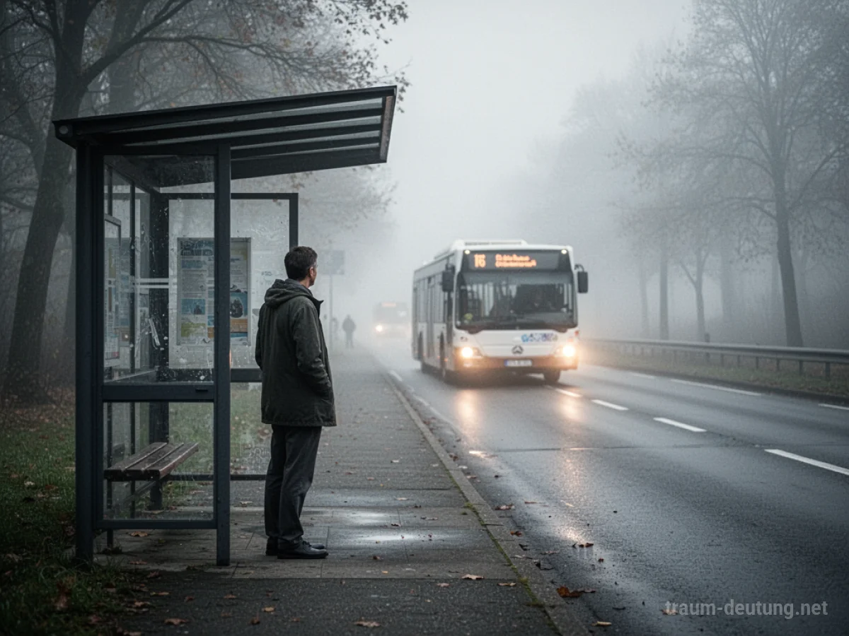 Eine einzelne Person steht an einer Bushaltestelle und sieht zu, wie ein Bus davonfährt.
