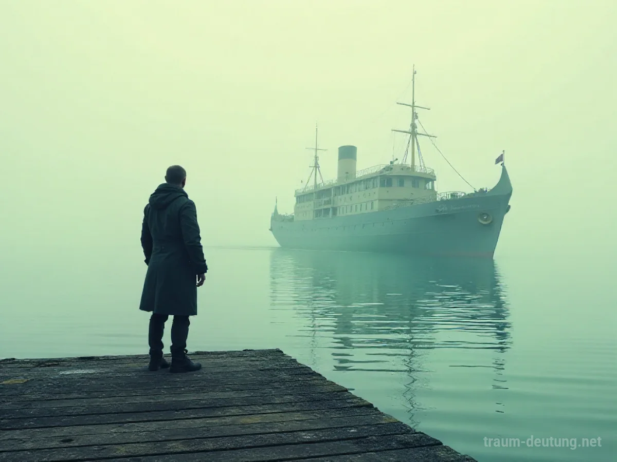 Eine einsame Gestalt sieht zu, wie ein Schiff davonfährt.