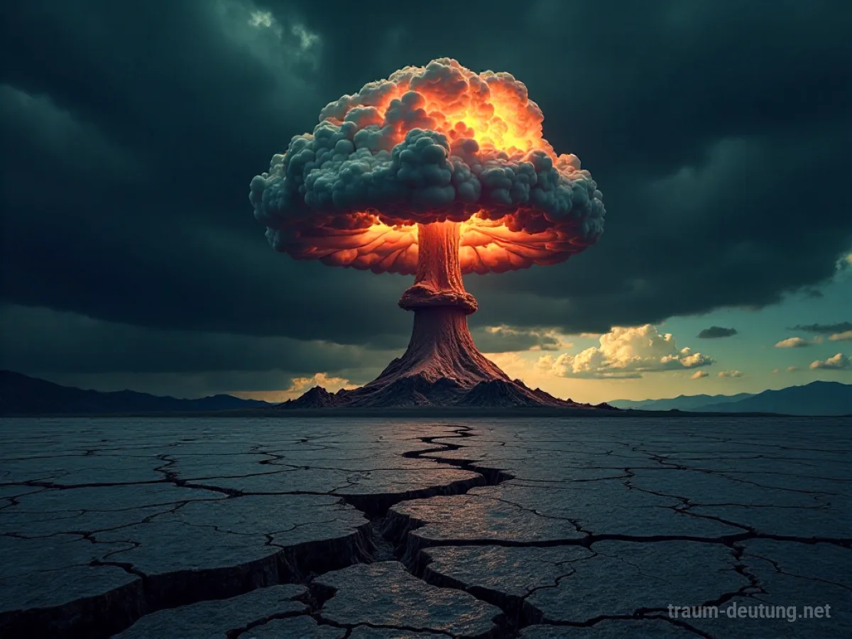 Eine symbolische Druckwelle breitet sich von einem Atompilz über eine zerstörte Landschaft aus.