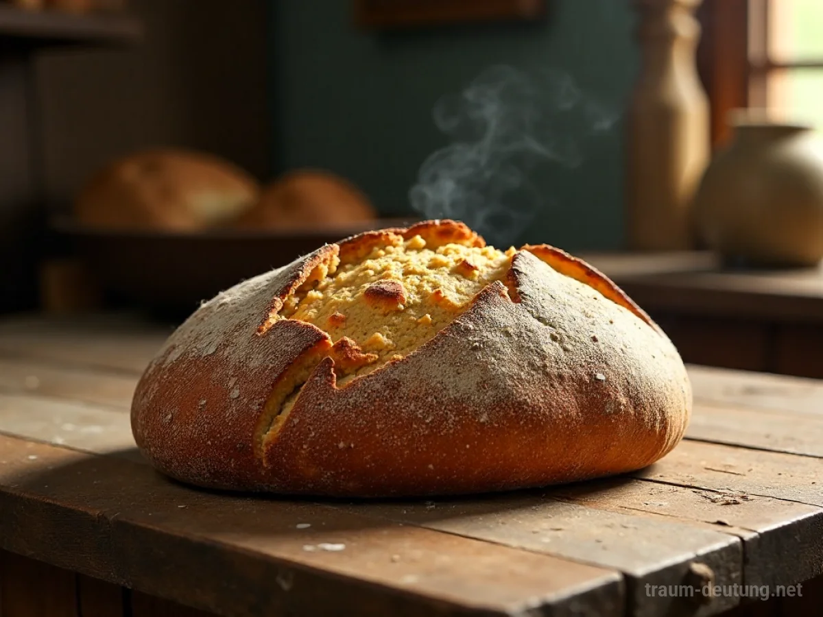 Frisch gebackenes Brot mit duftendem Dampf auf einem Holztisch