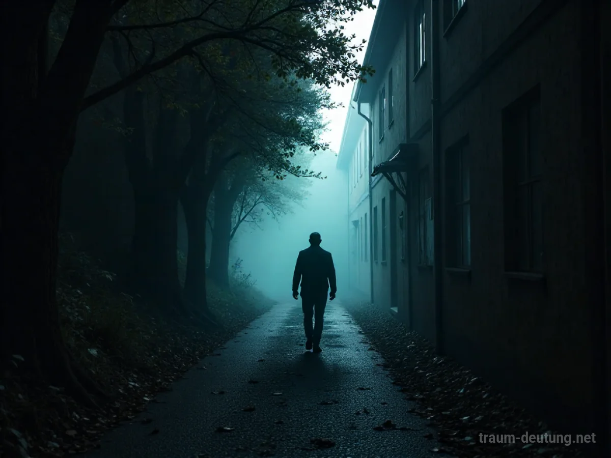 Eine Person geht eine dunkle Allee entlang, deren Ende im Schatten verborgen liegt.