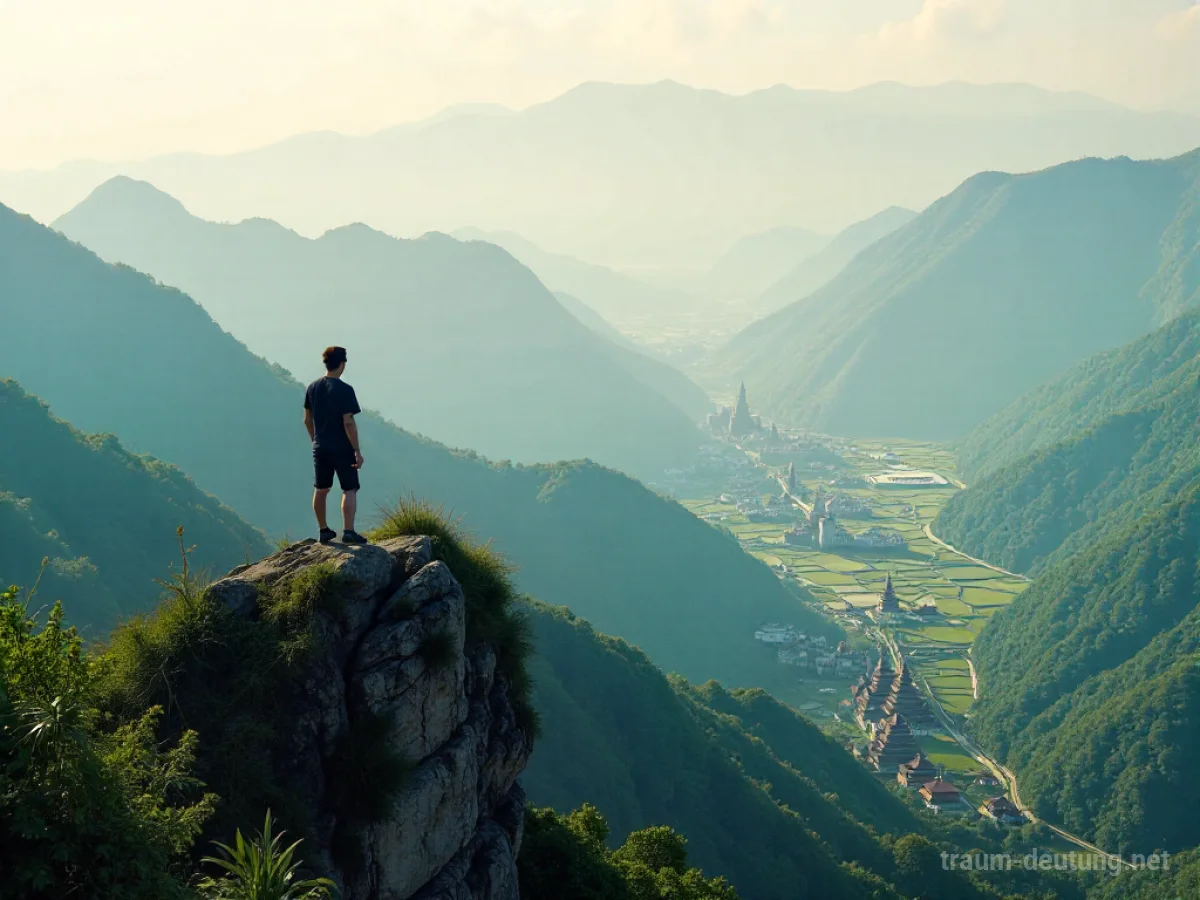 Person blickt auf weite asiatische Landschaft mit Bergen und Städten