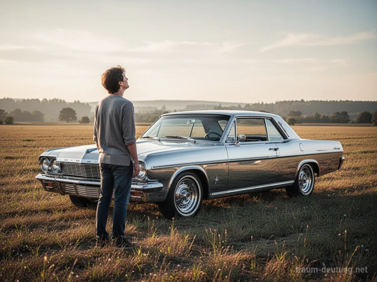 Eine Person steht vor einem glänzenden Oldtimer auf einem sonnigen Feld.