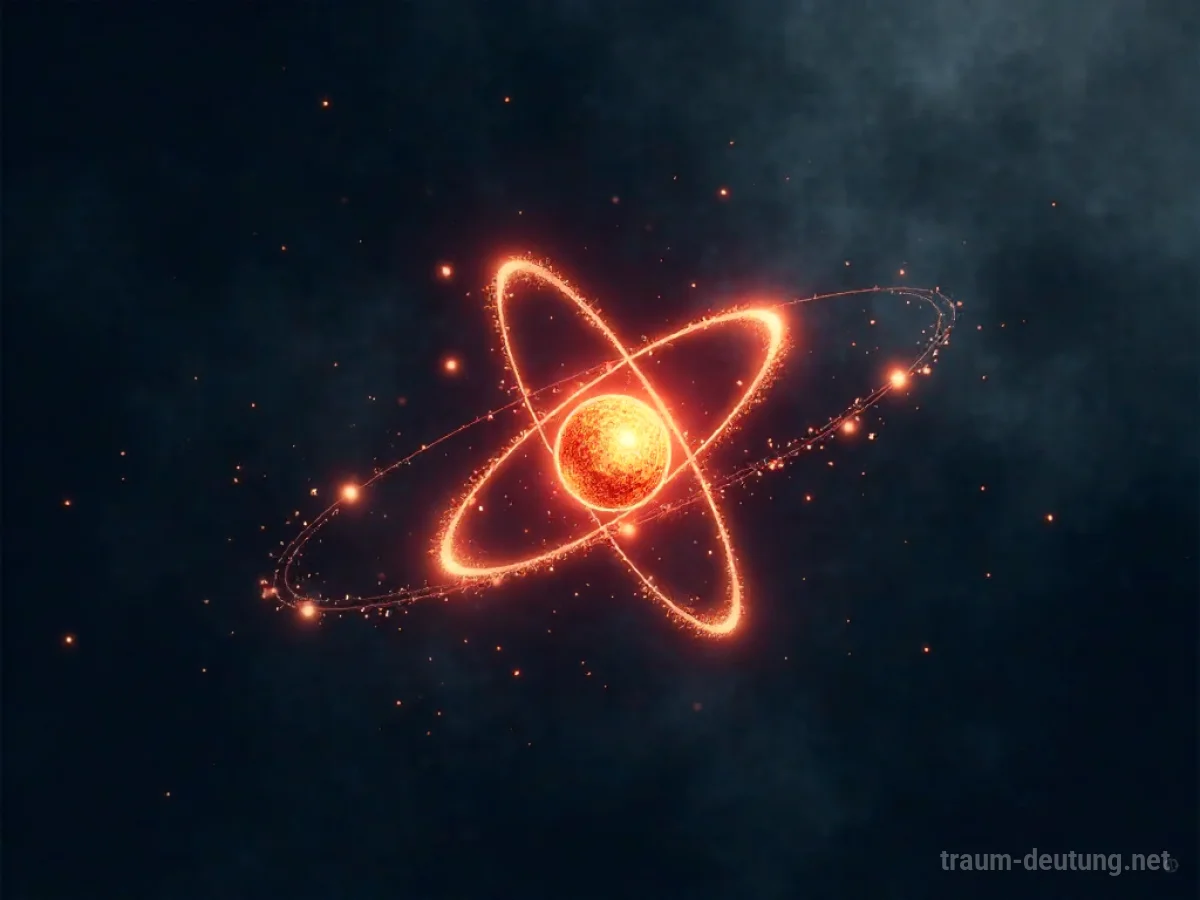 Ein einzelnes, leuchtendes Atom mit Kern und Elektronen im Fokus.