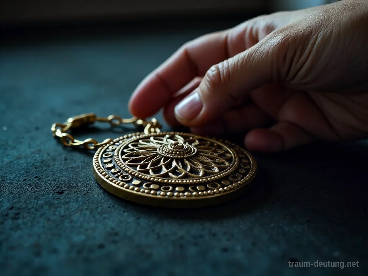 Hand berührt ein altes, verziertes Amulett auf dunklem Untergrund.