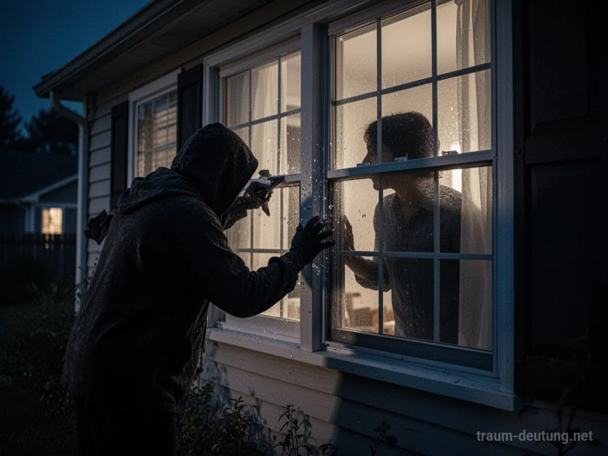 Silhouetten von Einbrechern, die versuchen, in ein Haus einzudringen, während eine Person zusieht.