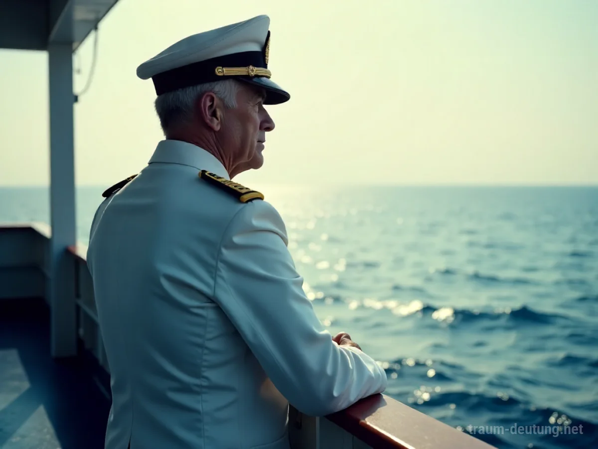 Ein Admiral in Uniform steht auf einem Schiff und blickt aufs Meer.