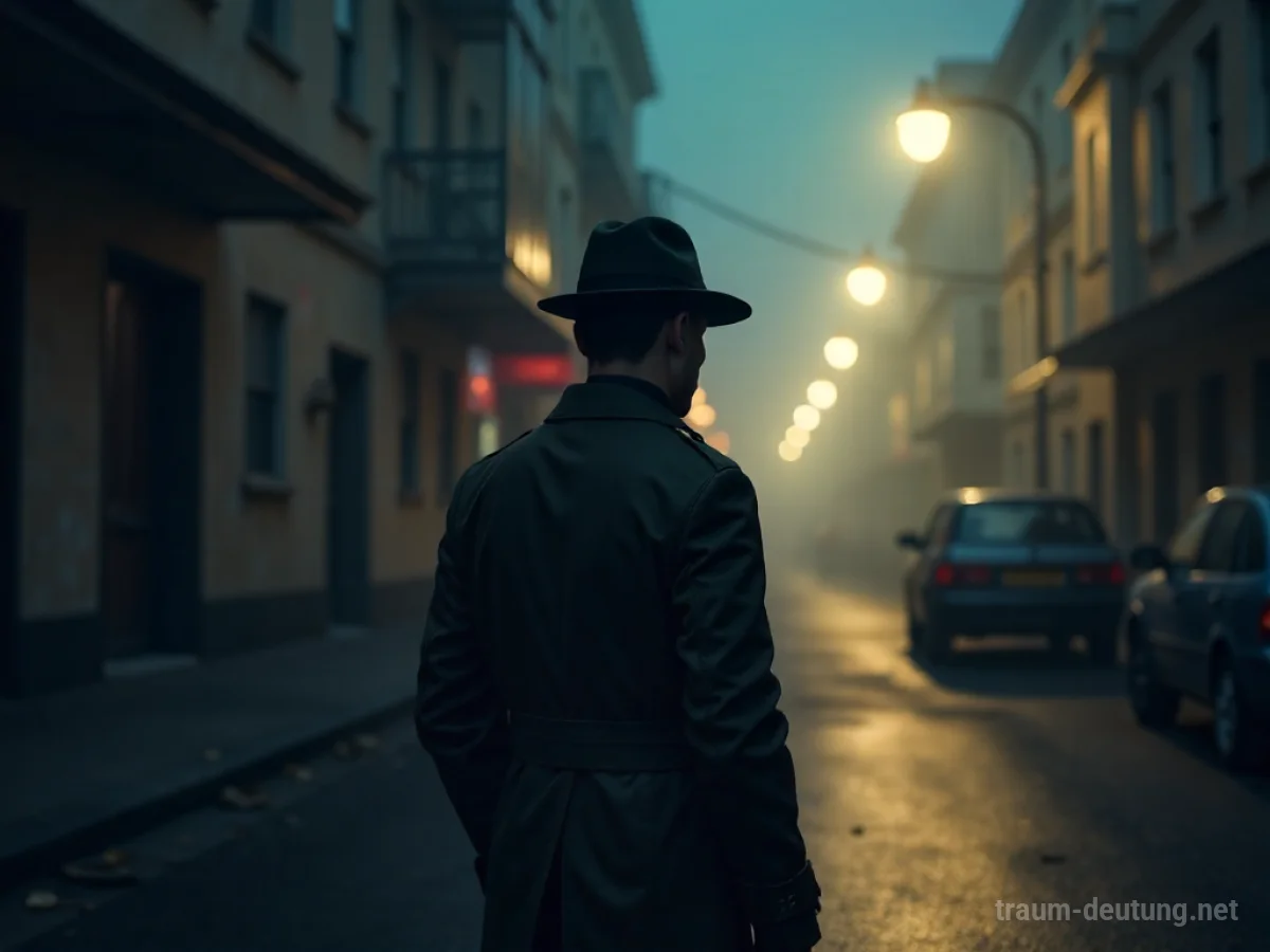 Silhouette eines Agenten in einem Mantel und Hut steht auf einer nebligen Straße und beobachtet.