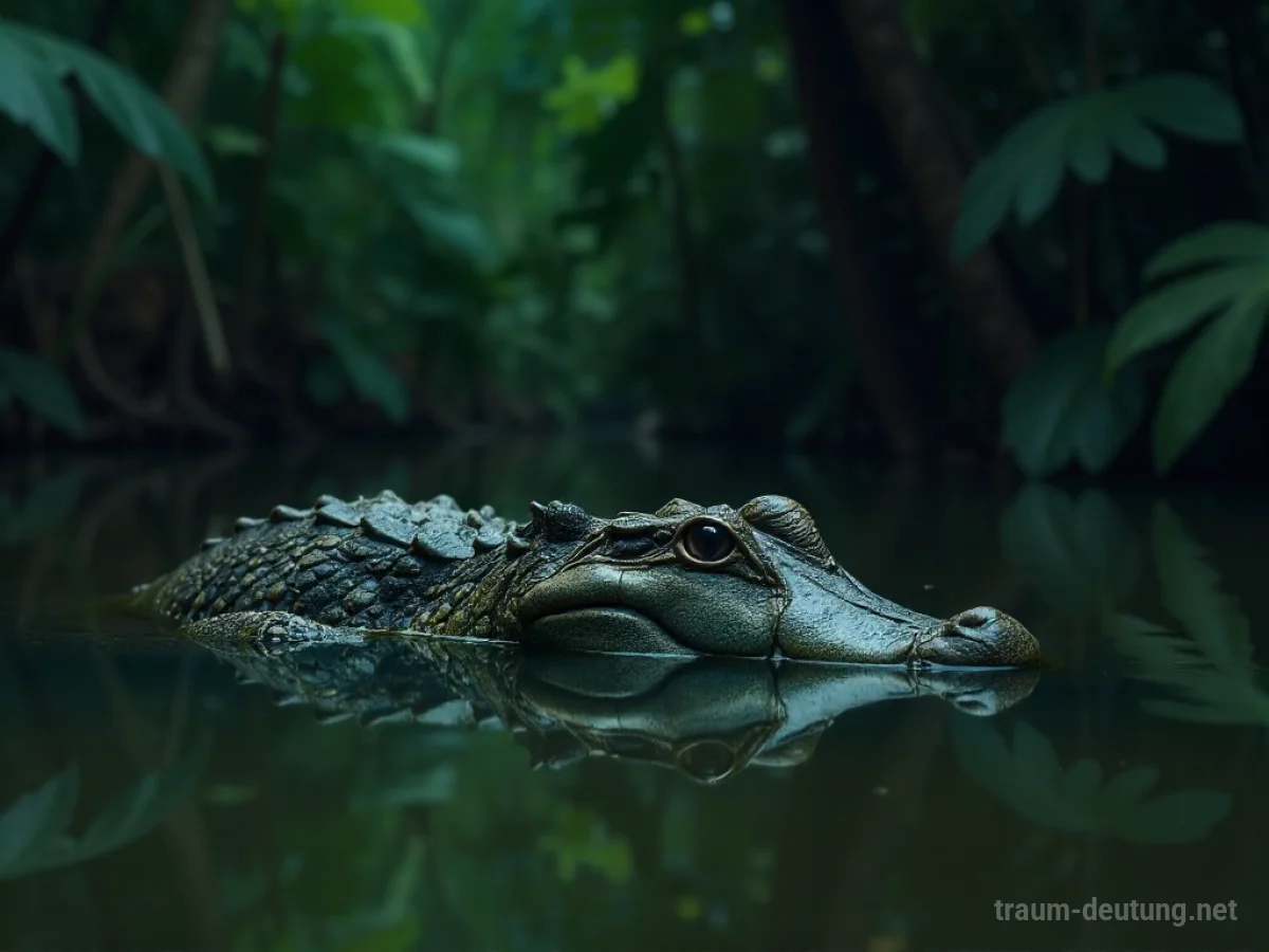 Ein Alligator ruht im trüben Wasser, umgeben von dichter Dschungelvegetation.