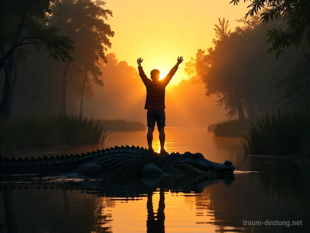 Person steht über der Silhouette eines Alligators in einem Sumpf bei Morgengrauen.