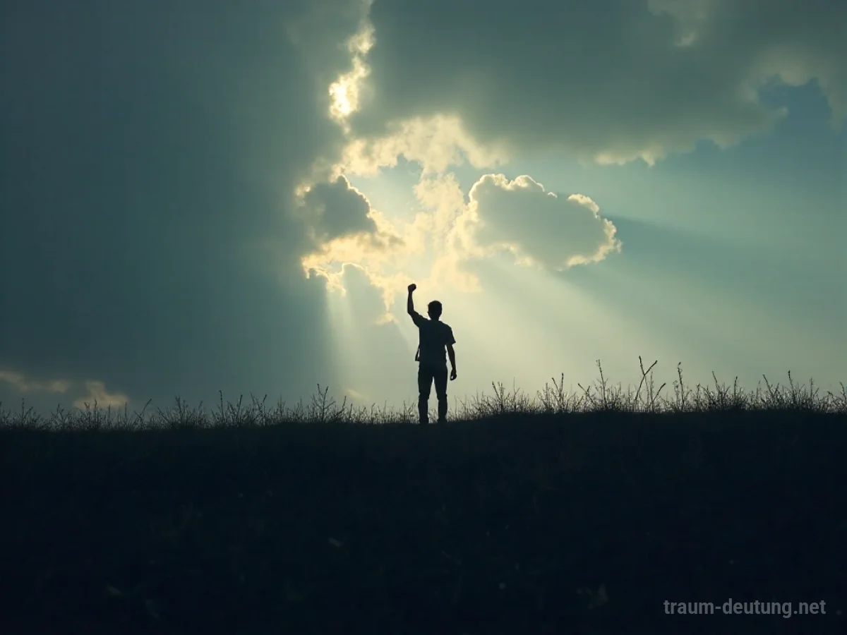 Silhouette einer Person, die auf einem Hügel steht und die Faust erhebt, mit einer Menschenmenge darunter.