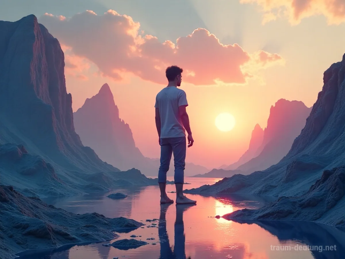 Ein digitaler Avatar steht in einer abstrakten Landschaft.