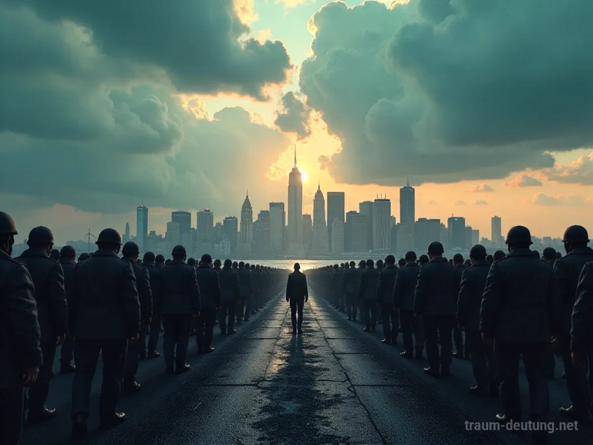 Eine Stadt unter einem bedrohlichen Himmel, mit einer stilisierten Armee am Horizont.