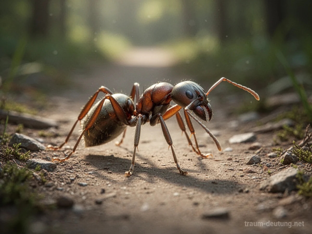 Einzelne Ameise krabbelt auf einem Weg.